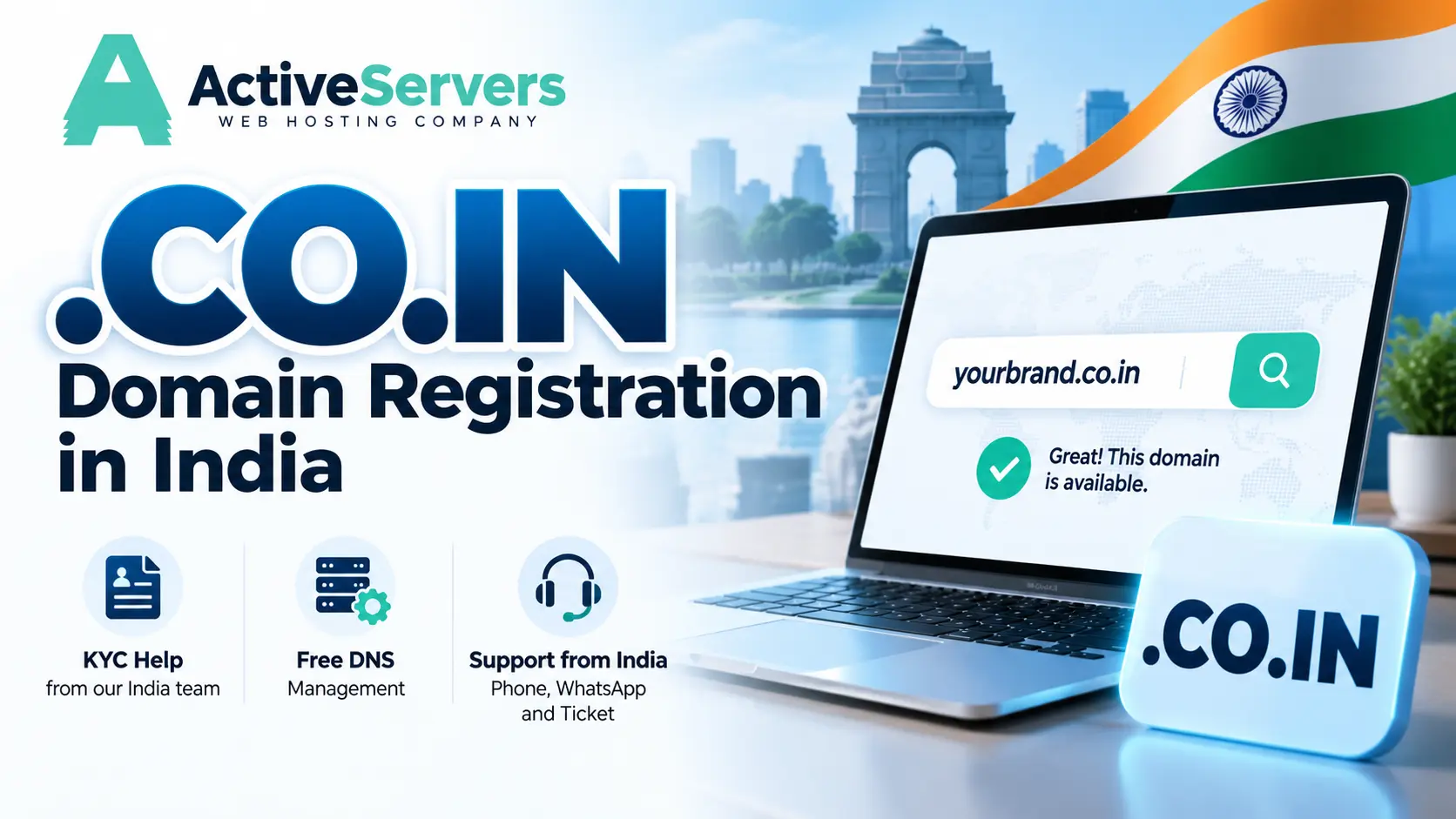 ActiveServers client area showing the My Domains list, where you manage, renew and verify your .co.in domain